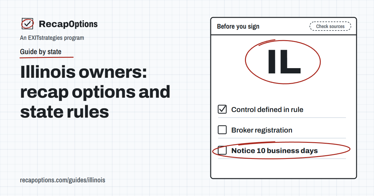 Illustration on graph paper: a worksheet titled Before you sign with IL circled in red pencil and three checklist rows, Control defined in rule, Broker registration and Notice 10 business days, with Notice 10 business days circled.