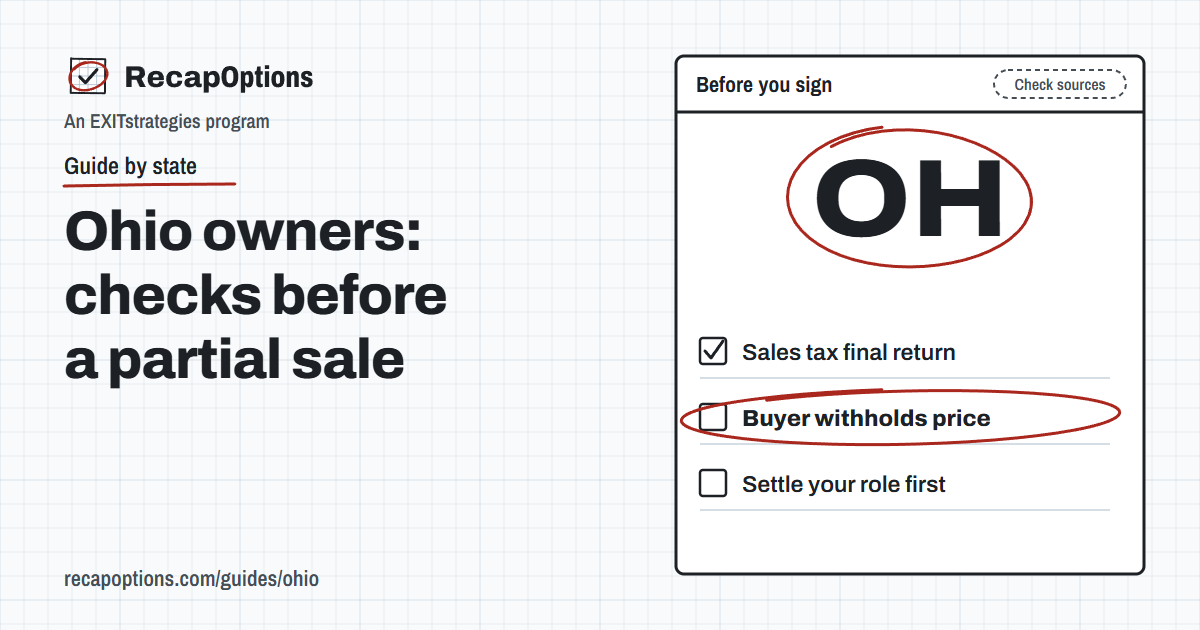 Illustration on graph paper: a worksheet titled Before you sign with OH circled in red pencil and three checklist rows, Sales tax final return, Buyer withholds price and Settle your role first, with Buyer withholds price circled.