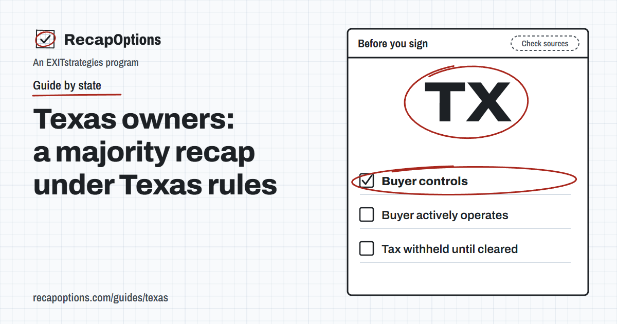 Illustration on graph paper: a worksheet titled Before you sign with TX circled in red pencil and three checklist rows, Buyer controls, Buyer actively operates and Tax withheld until cleared, with Buyer controls circled.